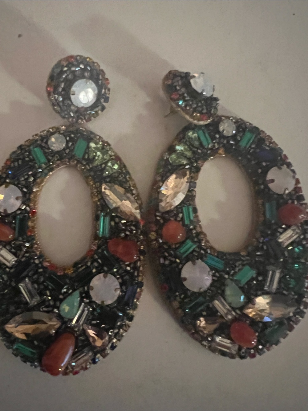 Multicolor Crystal Oval Drop Earrings with Green Accents